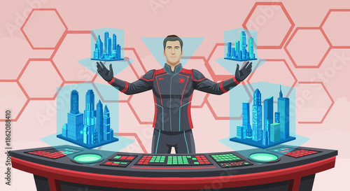 Futuristic City Planner Manipulating Holographic Urban Models in Advanced Control Room