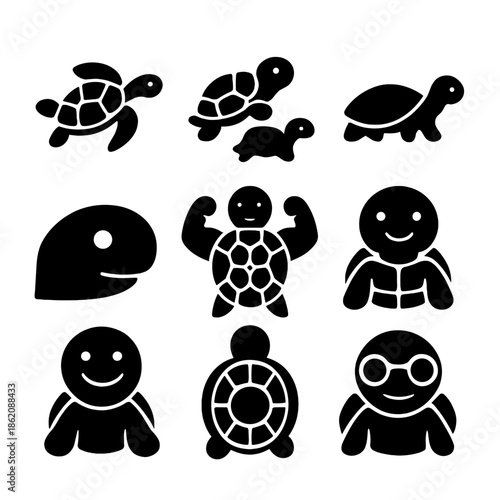 Cute tortoise and turtle icons in various cartoon styles