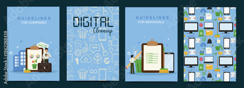 Four flat design mockup covers for Digital Cleanup Day guidelines, including for companies and individuals ideal for brochures and handbooks. Digital sobriety. Vector illustration