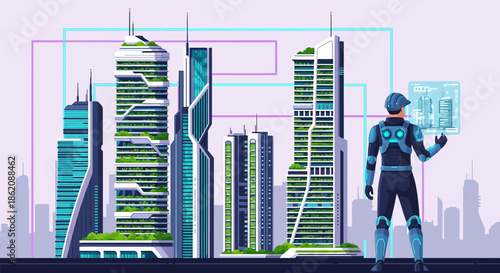 Futuristic city with green buildings and a person using a holographic interface vision