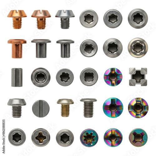 meticulously organized flat lay of precision metal fastener heads (copper, titanium, steel) with complex drive patterns against a transparent background, showcasing metallurgical texture. concept of