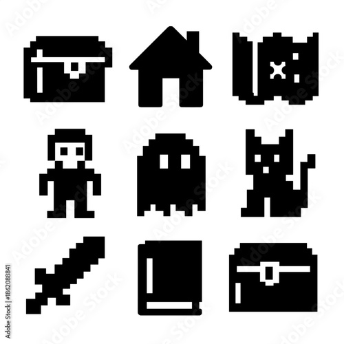 Pixel art icons: retro gaming set featuring characters and items