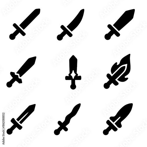 Black silhouettes of various daggers on dark background