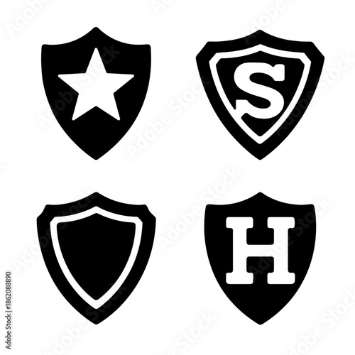 Set of black shield icons with star, letter s, blank, and letter h designs