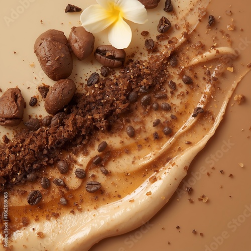 A luxurious coffee scrub with whole beans, crushed coffee grounds, and a delicate white flower, artfully swirled on a neutral background.