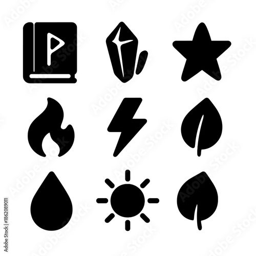 Mystical elements icons: magic, crystal, star, fire, lightning, nature symbols