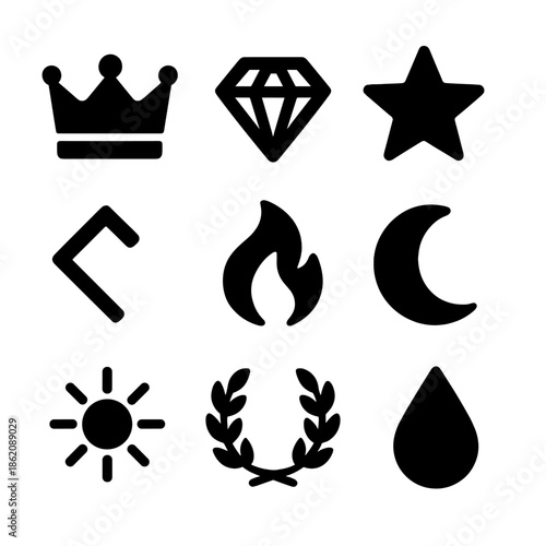 Minimalist icon set featuring crown, diamond, star, fire, moon, sun, drop
