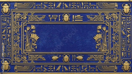 Ancient Egyptian Blue and Gold Hieroglyphic Border with Scarab Beetles and Lotus Flowers.