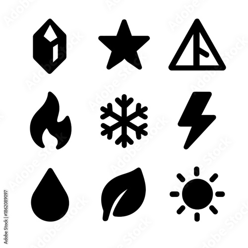 Abstract icons: fire, snowflake, leaf, sun, and more in black and white