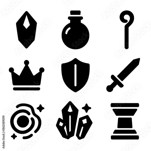 Black rpg game icons featuring crystals, sword, and potion on dark background