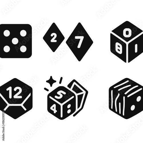 Collection of various dice icons featuring numbers and unique designs