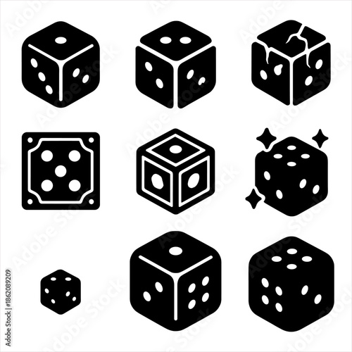 Set of black dice icons with varied designs on gradient background