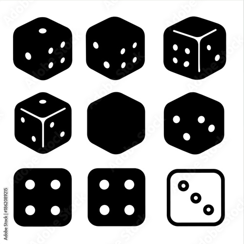 Nine black dice illustrations with edges on grayscale background