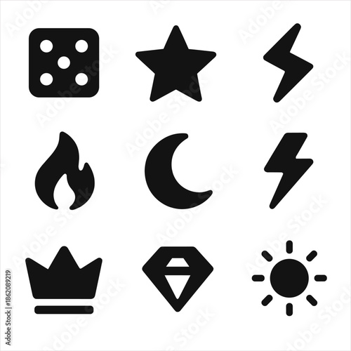 Set of simple black icons: dice, star, lightning, fire, moon, crown, gem, sun