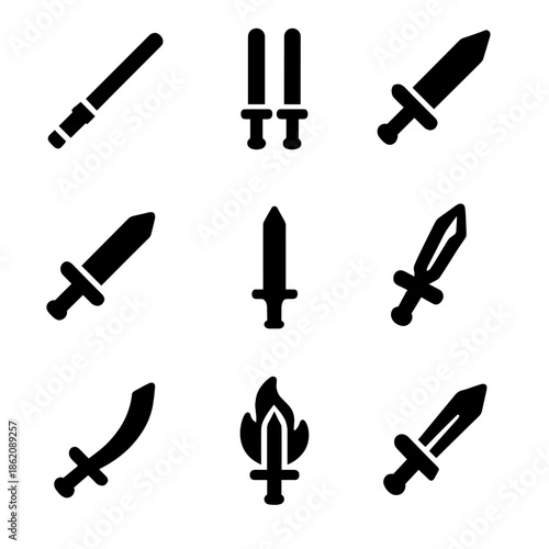 Diverse collection of black silhouetted swords on gradient background