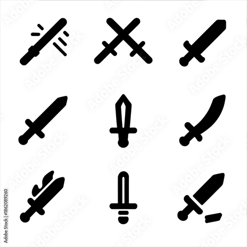 Set of silhouette sword icons on dark background
