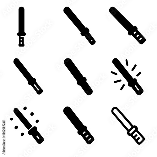 Collection of nine dark gray baton icons with simple design elements