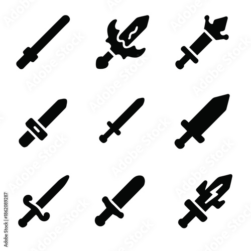 Black silhouette sword icons collection on dark background