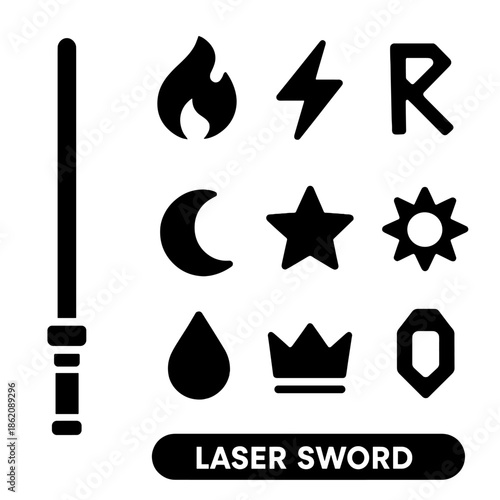 Futuristic icons set featuring laser sword and various shapes