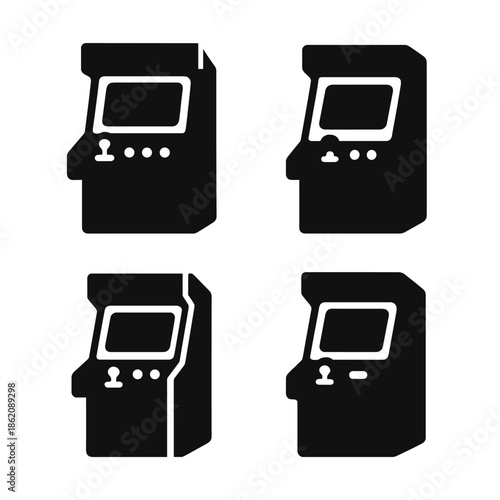 Icon set of classic arcade game cabinets in black silhouette design