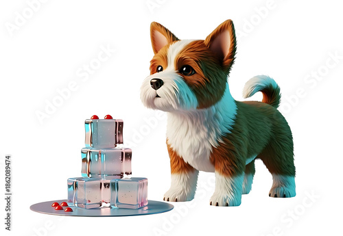 A 3D illustration of a dog standing next to a tiered cake on a white background