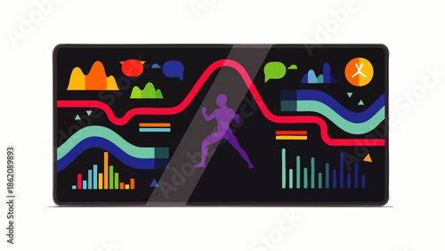 Digital Fitness Tracker Displaying Activity Data, Health Metrics, and Progress Charts with Running Silhouette
