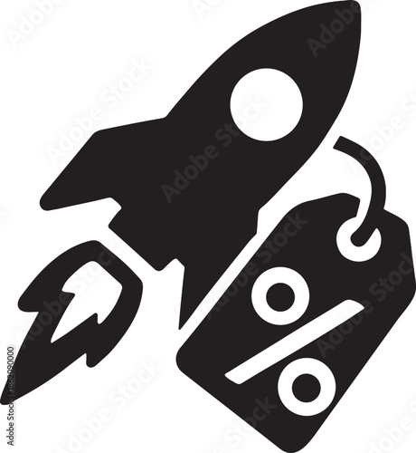 Rocket lifting price tag symbolizing boosted promotion, fast sale, and marketing growth icon