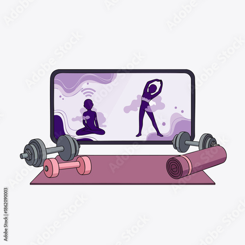 Online fitness class at home with yoga mat and dumbbells. Digital workout session for health and wellness, remote exercise concept.