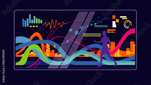 Futuristic digital interface displaying data analytics, human silhouette, and colorful wave graphs, representing technology and progress.