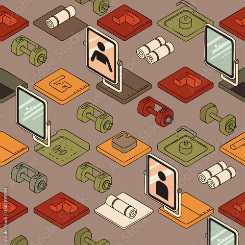 Isometric seamless pattern of fitness and gym equipment icons including dumbbells, yoga mats, mirrors, and scales, for health and workout themes.