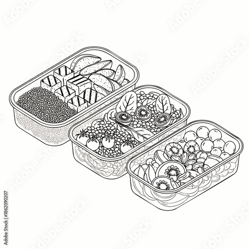 Isometric line art illustration of three healthy meal prep containers filled with nutritious food, perfect for balanced lunches and snacks.