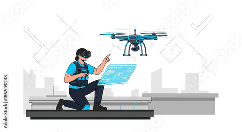 Futuristic drone pilot using virtual reality goggles for remote surveillance and control interface