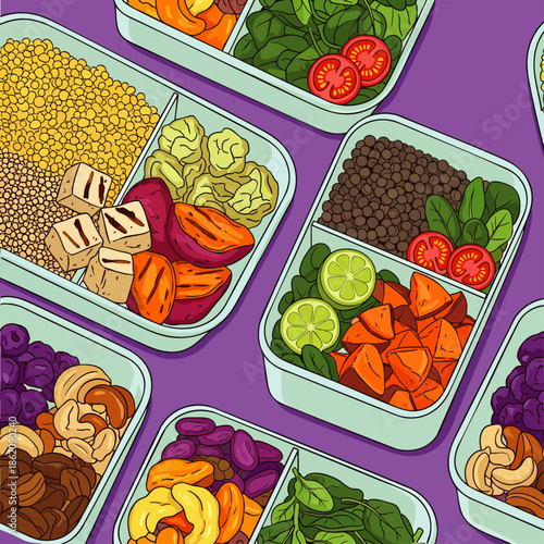 Healthy Meal Prep Lunch Boxes Filled with Delicious and Nutritious Food, Top View, Vibrant Colors