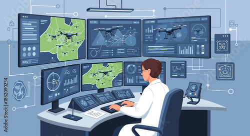 Futuristic drone technology control center with a scientist monitoring aerial vehicle operations