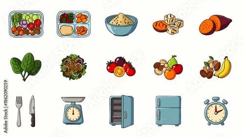 Collection of healthy food icons, ingredients, kitchen appliances and measuring tools for diet and nutrition