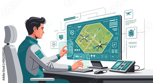 Futuristic drone operator managing drone traffic on a large digital screen interface platform
