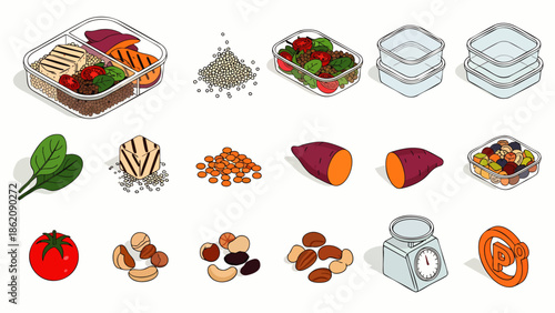 Healthy Meal Prep Ingredients and Containers: Grilled Chicken, Sweet Potatoes, Spinach, Nuts, and More