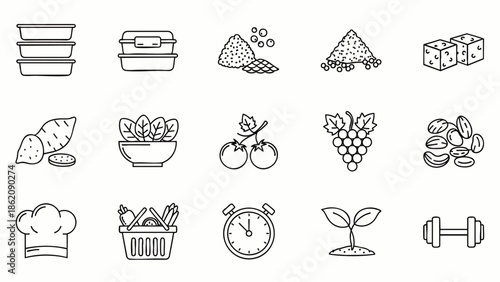 Healthy eating icons set: food, fitness, and lifestyle symbols for healthy living and nutrition