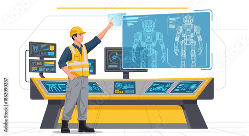 Futuristic engineering concept showcasing an engineer working with advanced robotics and