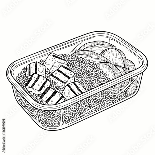 Healthy Takeaway Meal in Plastic Container with Lentils, Chicken and Vegetables, Hand-Drawn Line Art Illustration