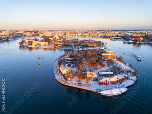 Canvas Print Amazing sunrise on the city of Stockholm, and on Kastellholmen and Skeppsholmen,