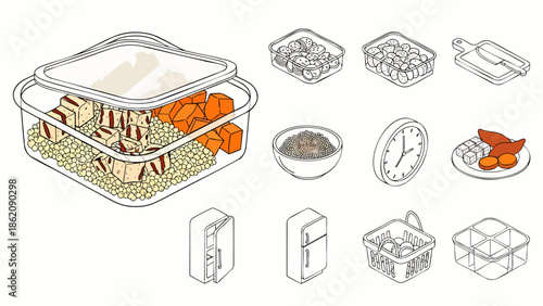 Isometric illustration of meal prep containers filled with healthy food, including vegetables, grains, and protein, with kitchen accessories.