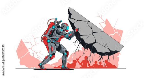 Futuristic exosuit rescuer heroically lifting rubble to save survivors in stylized illustration