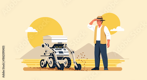 Futuristic farming with an innovative agricultural robot and a vigilant farmer overseeing the