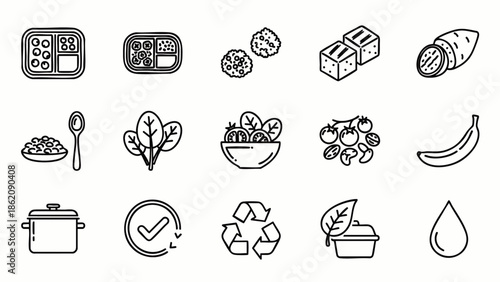Collection of food and meal icons, including healthy ingredients, cooking, and eco-friendly packaging, in a clean line art style.
