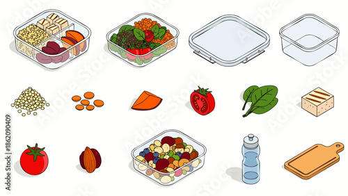 Isometric view of healthy food ingredients and meal prep containers, showcasing fresh produce and grains for balanced nutrition.