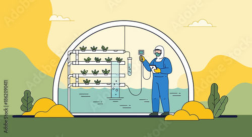 Futuristic farming illustration showcasing a scientist monitoring hydroponic crops in a controlled