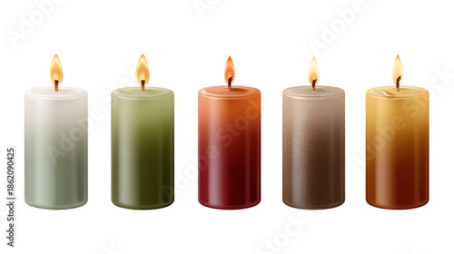 Burning wax candles with green, orange, brown color gradient on white background isolated
