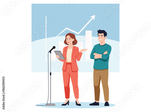 Quadro su tela professional woman in a suit speaks into a microphone, holding a tablet, next to a smiling man with crossed arms