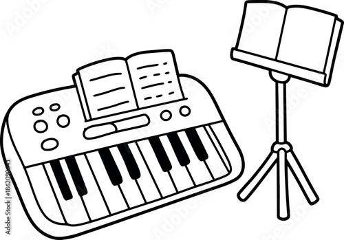 Digital Keyboard Musical Instrument and Music Stand in Simple Line Drawing